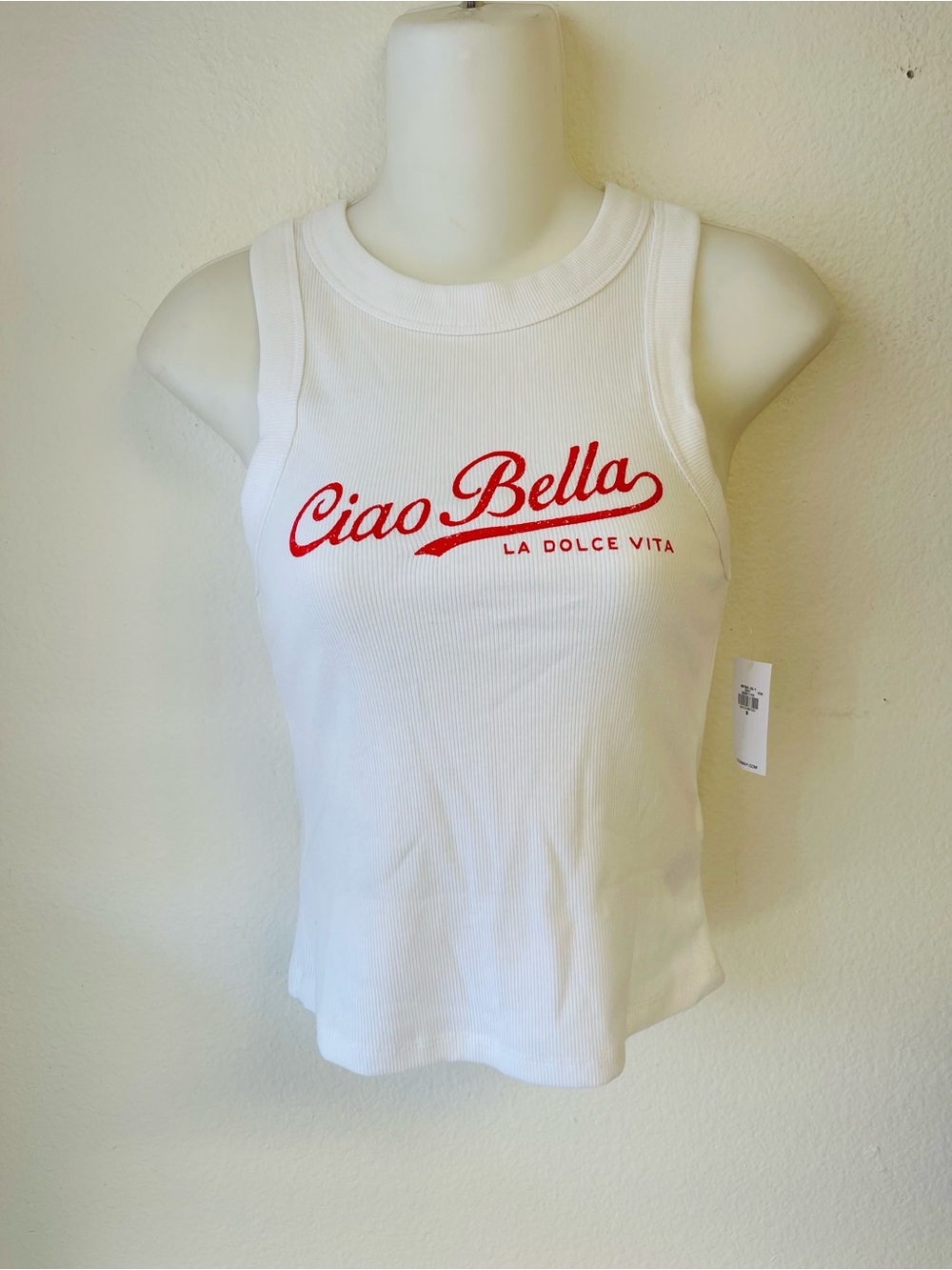 Old Navy White Ribbed Tank with Red "Ciao Bella" Script